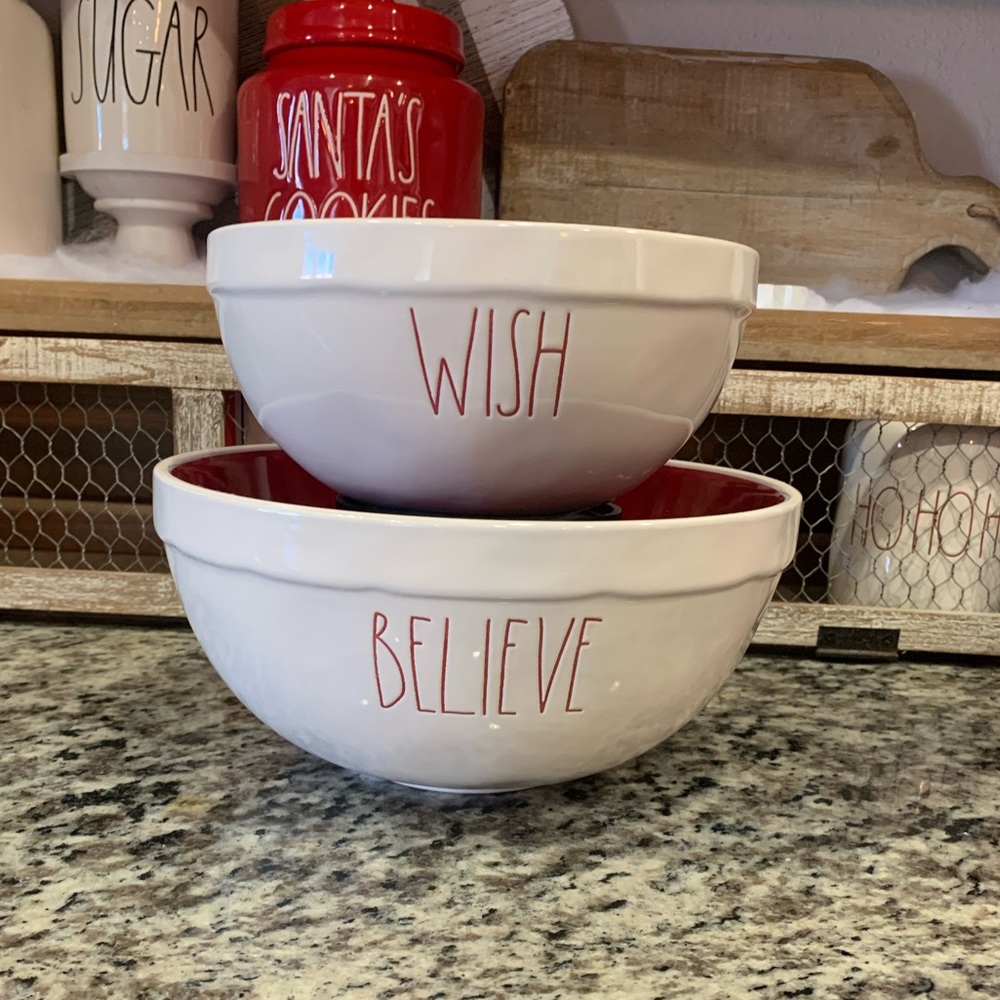 Rae Dunn white WISH BELIEVE ceramic mixing bowls